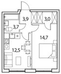Планировка 1-комнатной квартиры, 37 м2