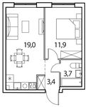 Планировка 1-комнатной квартиры, 38 м2