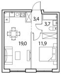 Планировка 1-комнатной квартиры, 38 м2
