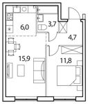 Планировка 2-комнатной квартиры, 42 м2
