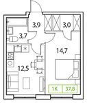 Планировка 1-комнатной квартиры, 37 м2