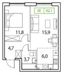 Планировка 2-комнатной квартиры, 42 м2