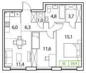 Планировка 3-комнатной квартиры, 59 м2