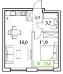 Планировка 1-комнатной квартиры, 38 м2