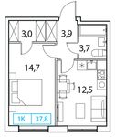 Планировка 1-комнатной квартиры, 37 м2
