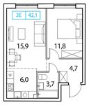 Планировка 2-комнатной квартиры, 42 м2