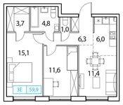 Планировка 3-комнатной квартиры, 59 м2