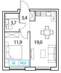 Планировка 2-комнатной квартиры, 38 м2