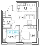 Планировка 3-комнатной квартиры, 50 м2