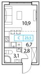 Планировка 1-комнатной квартиры, 23 м2