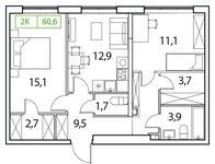Планировка 3-комнатной квартиры, 60 м2