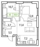 Планировка 3-комнатной квартиры, 50 м2