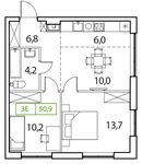 Планировка 3-комнатной квартиры, 50 м2