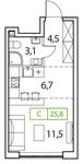 Планировка 1-комнатной квартиры, 25 м2