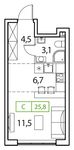Планировка 1-комнатной квартиры, 25 м2