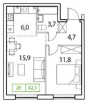 Планировка 2-комнатной квартиры, 42 м2