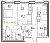 Планировка 3-комнатной квартиры, 59 м2