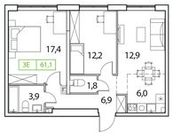 Планировка 3-комнатной квартиры, 61 м2