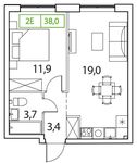 Планировка 2-комнатной квартиры, 38 м2