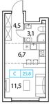 Планировка 1-комнатной квартиры, 25 м2