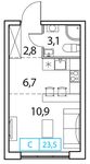 Планировка 1-комнатной квартиры, 23 м2