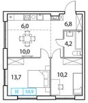 Планировка 2-комнатной квартиры, 50 м2