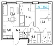 Планировка 2-комнатной квартиры, 59 м2