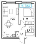 Планировка 1-комнатной квартиры, 38 м2