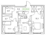 Планировка 2-комнатной квартиры, 60 м2