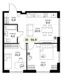 Планировка  2-комнатной квартиры, 50,8 м2