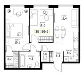 Планировка  2-комнатной квартиры, 59,9 м2