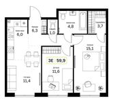 Планировка 2-комнатной квартиры, 59,9 м2