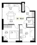 Планировка  2-комнатной квартиры, 50,9 м2