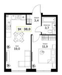 Планировка 1-комнатной квартиры, 38 м2