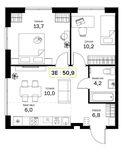 Планировка 2-комнатной квартиры, 50,9 м2