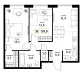 Планировка  2-комнатной квартиры, 59,9 м2