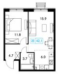 Планировка  1-комнатной квартиры, 42,1 м2