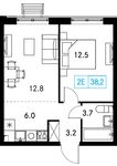 Планировка  1-комнатной квартиры, 38,2 м2