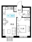 Планировка 1-комнатной квартиры, 38 м2