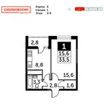Планировка 1-комнатной квартиры, 33,5 м2