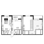 Планировка 1-комнатной квартиры, 61,5 м2