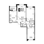Планировка 3-комнатной квартиры, 74,6 м2