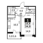 Планировка 1-комнатной квартиры, 34,9 м2