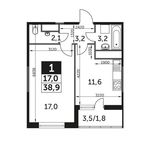Планировка 1-комнатной квартиры, 38,9 м2