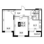 Планировка 2-комнатной квартиры, 61,8 м2