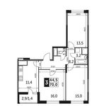 Планировка 3-комнатной квартиры, 70 м2
