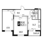Планировка 2-комнатной квартиры, 61,5 м2
