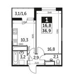 Планировка 1-комнатной квартиры, 37,3 м2