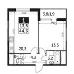 Планировка 1-комнатной квартиры, 45,1 м2