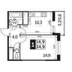 Планировка 1-комнатной квартиры, 35,5 м2